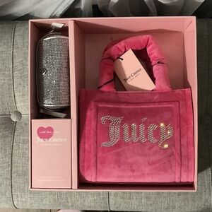 Juicy Couture Hot Pink Velvet Mini Tote with Rhinestone 'Juicy' Logo